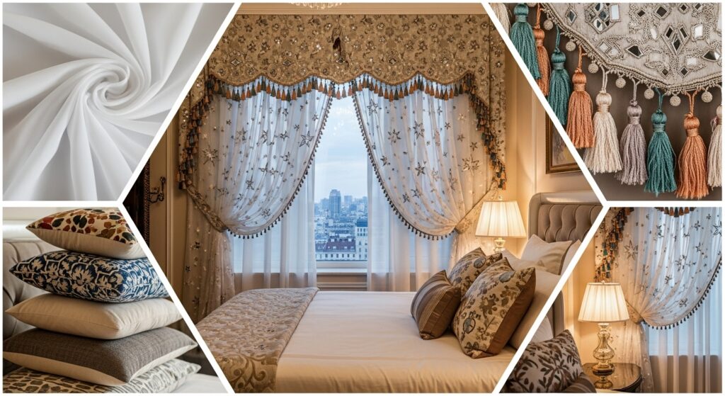 10 Luxurious Window Curtain Ideas for a Stylish Home 5 Elegant bedroom with embroidered sheer curtains, decorative tassels, and luxury cushions