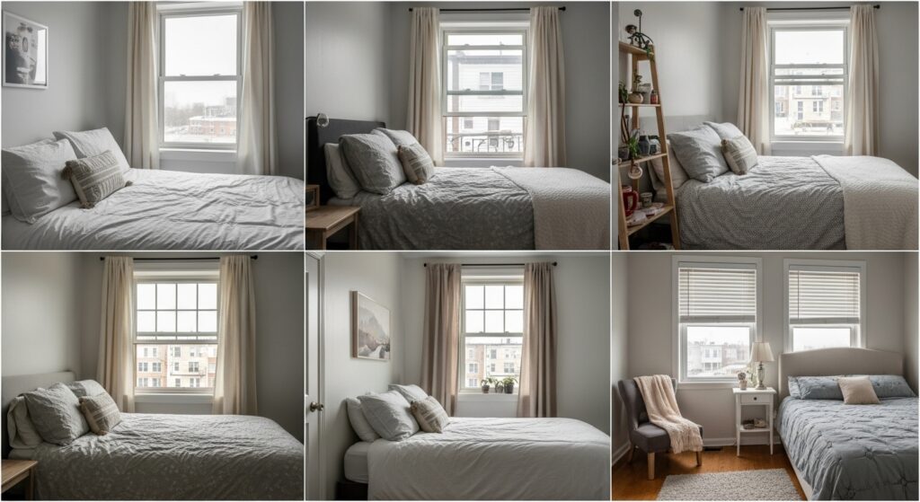 Cozy small bedroom ideas with simple window curtains, neutral bedding.