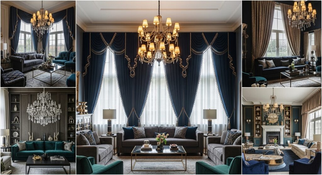 10 Luxurious Window Curtain Ideas for a Stylish Home 2 “Luxurious living room with elegant blue and gold curtains, chandeliers, and modern classic furniture