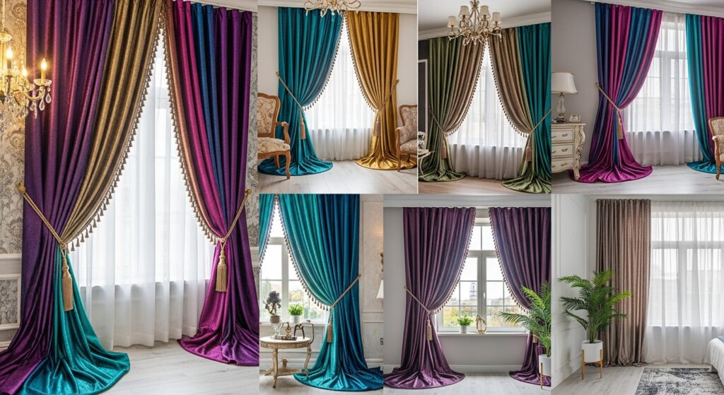 Curtain Charm Trends for a Cozy & Chic Look 7 Colorful velvet curtains with tassel accents styled on large windows.