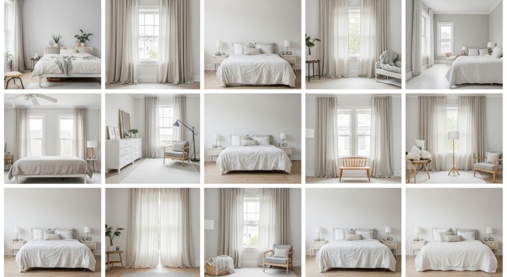 Minimalist bedroom curtain styles in soft neutral tones