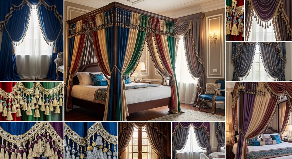 Luxury bedroom and living room curtain styles with rich fabrics and tassel details