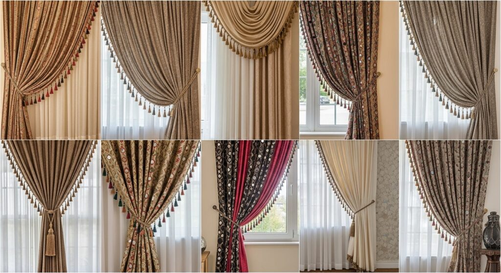 Curtain Charm Trends for a Cozy & Chic Look 1 Stylish curtain designs with tassel details on large windows.