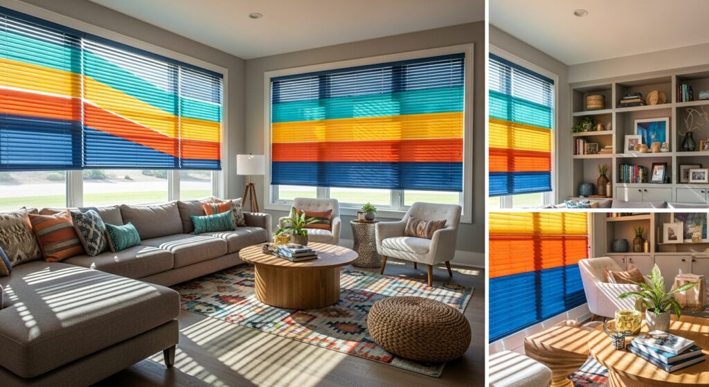 Stylish Window Curtain Blinds for Elegant Home Décors 14 Modern living room with colorful window curtain blinds in blue, orange, yellow, and teal shades adding elegance and style to home décor.