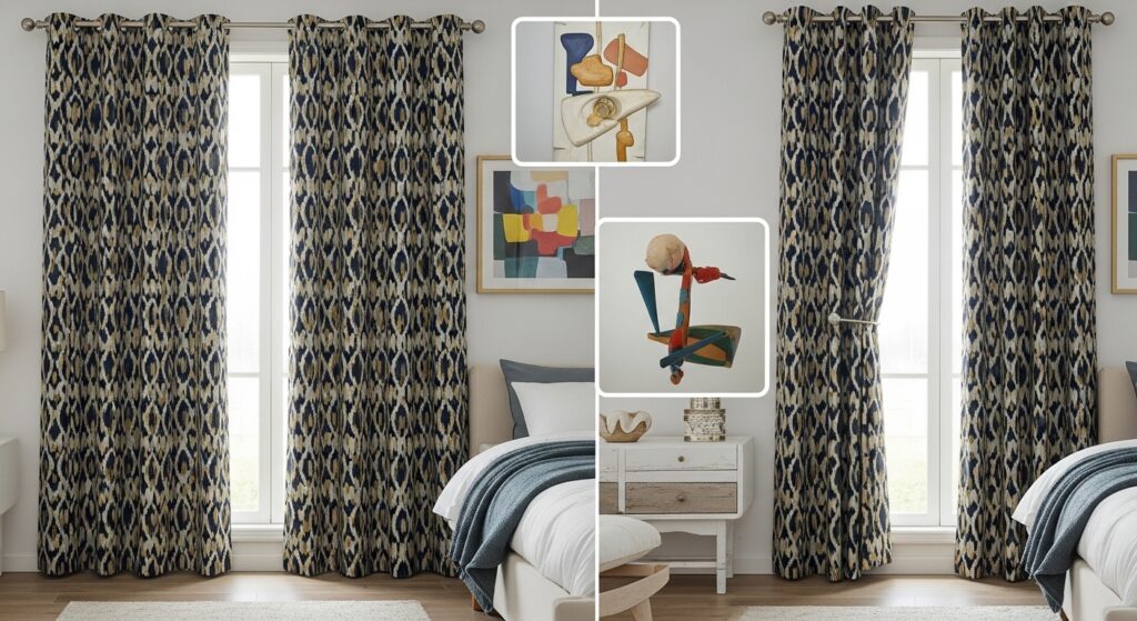 Bedroom with navy beige patterned blackout curtains and cozy modern decor.