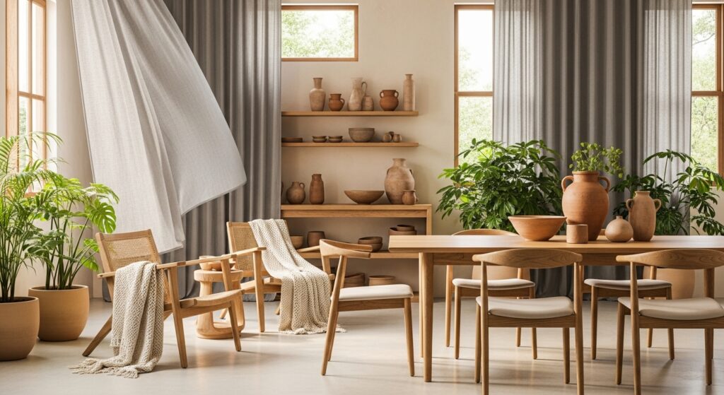 "Eco-friendly dining room with beige linen curtains, wooden furniture, indoor plants, and ceramic decor –