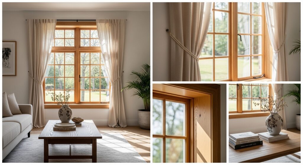 window curtain with wooden frame design