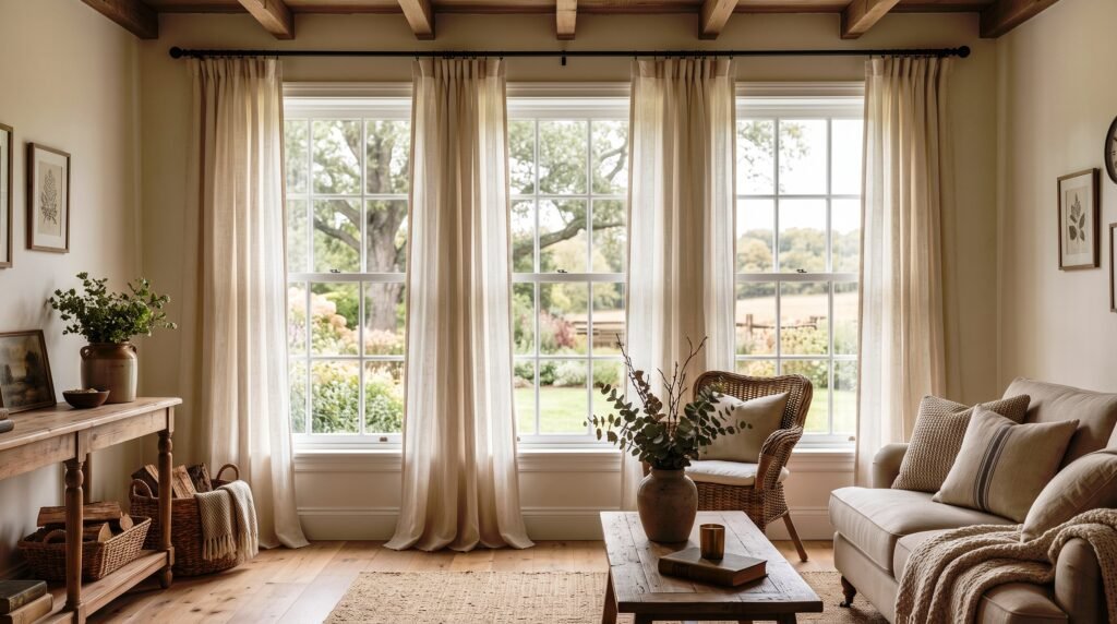 Farmhouse living room with curtains 2K 20260922182332